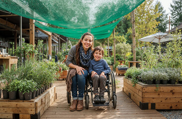 Happy woman in wheelchair smiling with joyful young child in outdoor garden setting on sunny afternoon