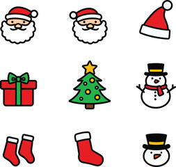 Collection of Christmas icons including Santa Claus faces Christmas tree and snowman illustrations