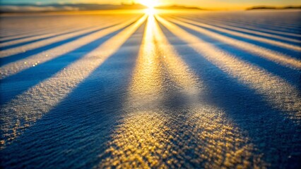 Fototapeta premium Dramatic lowangle shot of sunbeams casting long shadows across a textured, frozen, snowcovered ground, creating a striking contrast between warm golden light and cool blue tones on a clear winter day