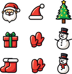 Collection of Christmas icons including Santa Claus hats tree gift mittens snowman and stockings