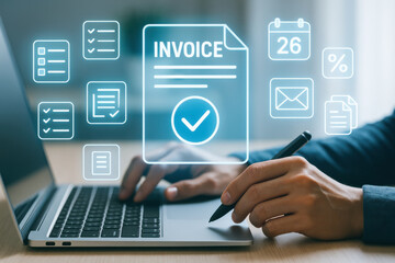 Digital invoice management with laptop and checklist