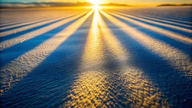 Dramatic lowangle shot of sunbeams casting long shadows across a textured, frozen, snowcovered ground, creating a striking contrast between warm golden light and cool blue tones on a clear winter day