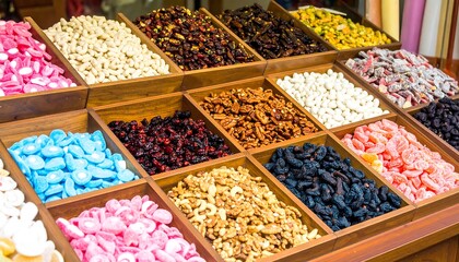 Colorful array of assorted candies and nuts in wooden trays