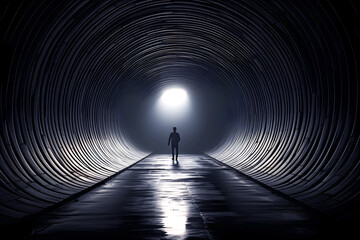 Mysterious silhouette walking through a dark tunnel illuminated by a bright light