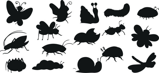 Insects Silhouette Vector Set – Bugs, Beetles, Butterfly, Ant, Grasshopper, Spider, Wildlife, Nature, Small Creatures, Invertebrates, Entomology, Animals, Outdoor, Pest, Graphic