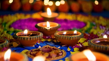 Burning oil lamps illuminating vibrant rangoli with intricate designs and flower petals during traditional celebration creating a festive atmosphere
