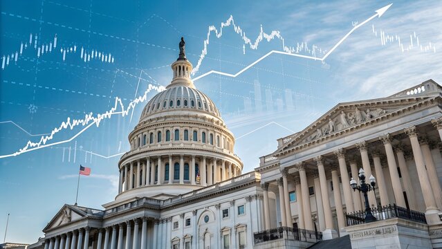 Capitol building with stock market graph symbolizes usa trade agreements.