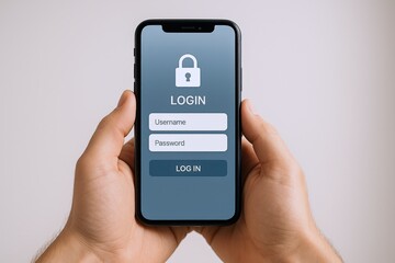 Mobile Security Authentication: Hands Holding Smartphone Displaying Login Interface with Username, Password and Login Button
