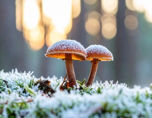 Tiny mushrooms with frost crystals, bathed in cold morning light, creating a beautiful frozen forest scene.