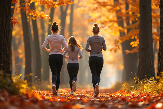 Three females, two adults and a child, jogging together on a forest path surrounded by autumn foliage. - Powered by Adobe