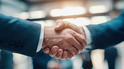 Close-Up Shot of Two Businessmen Handshaking After Successful Negotiation, Partnership Deal in Modern Office