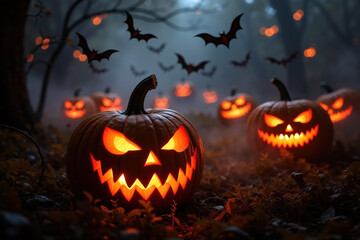 A group of carved pumpkins lit from within, surrounded by bats and autumn foliage in a dark forest, creating a spooky atmosphere.
