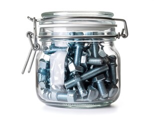 Glass jar filled with metal screws and nuts