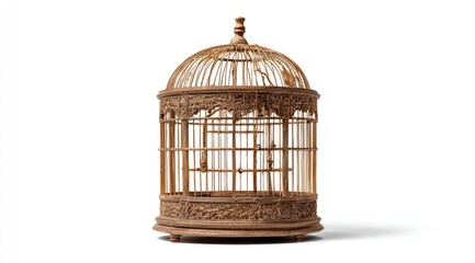 Antique wooden birdcage, round, detailed carvings, empty