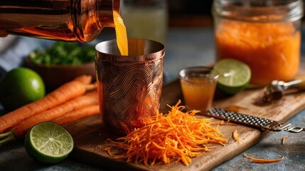 Fresh carrot juice making with lime and ginger on wooden board in kitchen setting