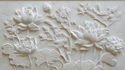 Intricate relief sculpture of blooming lotus flowers and foliage, carved from white stone
