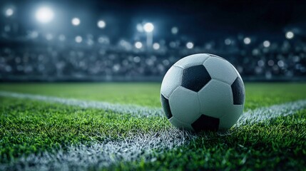 Obraz premium Soccer ball close-up on the corner of the field in a stadium during a night game
