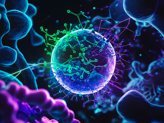 Detailed close-up of a neuron or virus cell with network