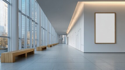 Modern Gallery Interior with Blank Frame and Large Windows, Ideal for Displaying Art or Advertisements