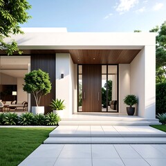 Modern house exterior, showcasing minimalist design, clean lines, and a spacious entryway