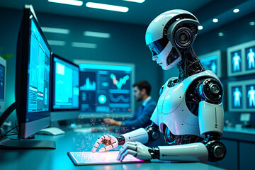 AI robot working on computer in a modern office with people
