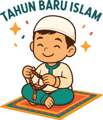 Naklejka premium Cute muslim boy celebrating islamic new year with prayer beads