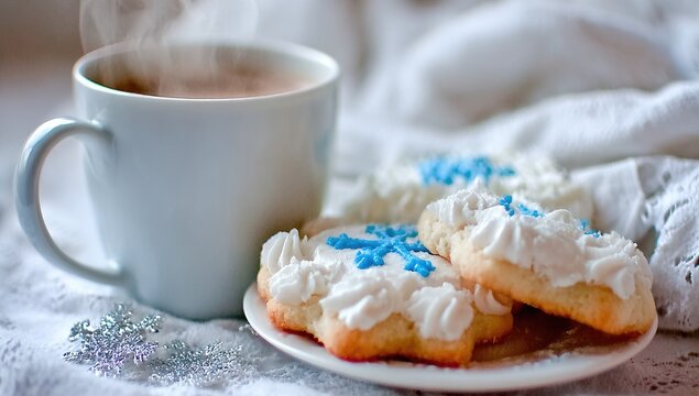 Cozy winter treats.  A mug of hot beverage, alongside decorated cookies - Powered by Adobe