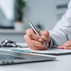Fototapeta premium Doctor writing notes. Close-up of hands, pen, and clipboard. Medical professional at work