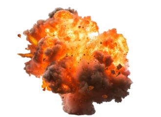 Large explosion creates a dramatic fireball with smoke and debris filling the air during a daytime demonstration