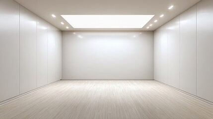 Empty Modern Room with White Walls, Wooden Floor, and Ceiling Light, Ideal for Product Mockups and Presentations