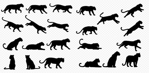 A collection of black wild cat silhouettes in various dynamic poses like walking, jumping, sitting, and lying down.