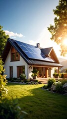 Modern house with solar panels, nestled in a green landscape, bathed in golden sunlight