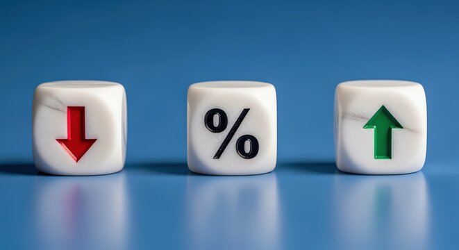Interest Rate Fluctuations Concept: White Dice with Percentage Sign, Up and Down Arrows on Blue