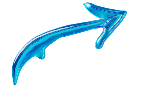 Bright blue arrow-shaped object with a smooth surface pointing right against a white background