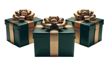 Premium green gift boxes with golden ribbons and bows arranged for a festive occasion