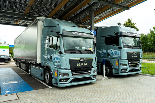 Electric truck charging in Germany demonstrating the future of electromobility with efficient battery charging for clean energy and zero emission heavy duty transport. Germany &ndash; August 5, 2025