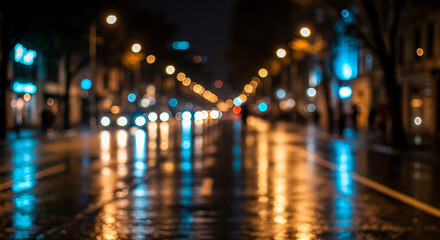 Blurred street scene at night with wet pavement reflecting city lights and car headlights, creating a bokeh effect.
