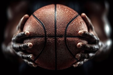 Close up of a basketball player holding a ball with both hands, showcasing the texture and grip, against a dark background that emphasizes the focus on the sport