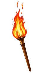 A torch with a wooden handle and a large bright flame burning at the top