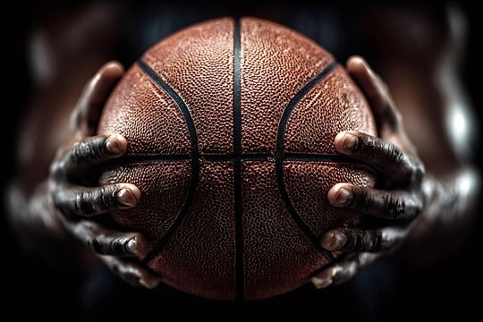 Close up of a basketball player holding a ball with both hands, showcasing the texture and grip, against a dark background that emphasizes the focus on the sport - Powered by Adobe