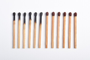 Burnt matches isolated on white background. Different stages of match burning Burnt matches.