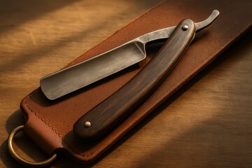 Straight razor resting on wooden surface with warm light, vintage shaving tool close‑up
