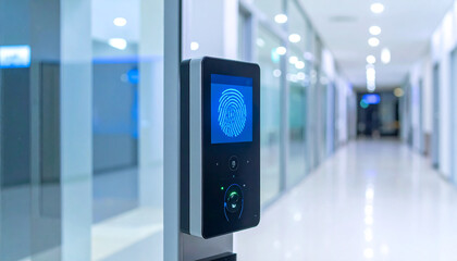 Digital Access: A sleek security access control system, equipped with fingerprint scanner, stands guard in a modern architectural setting, emphasizing both privacy and advanced technology