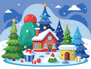 Illustration of a christmas scene with house, christmas tree and gift box