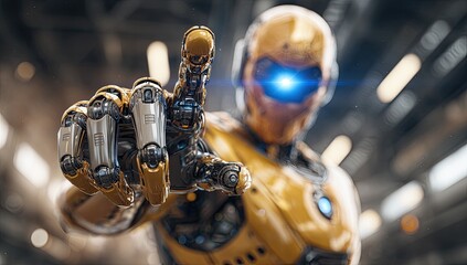 Close-up of a yellow robot's pointing hand