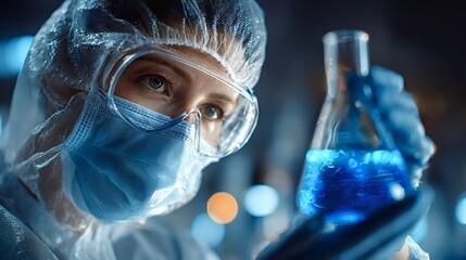Close up of a medical scientist wearing protective gear, carefully examining a flask containing a vibrant blue solution in a laboratory setting, conducting research and analysis