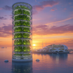 Vertical Farming Tower in a Futuristic Ocean City at Sunset