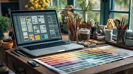 Color swatches and palette laying on a wooden desk with a laptop displaying color palettes and design software, paintbrushes and art supplies in the background near a window in a creative workspace