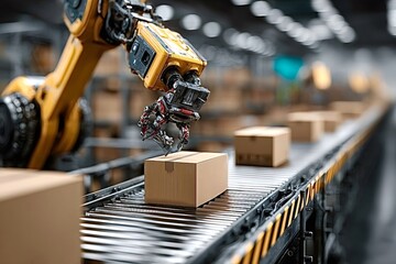 Modern robotic arm efficiently handling cardboard box on automated conveyor belt system within a technologically advanced factory setting, enhancing productivity and streamlining logistics