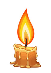 Cartoon candle with a tall bright flame and melting wax standing on a white background